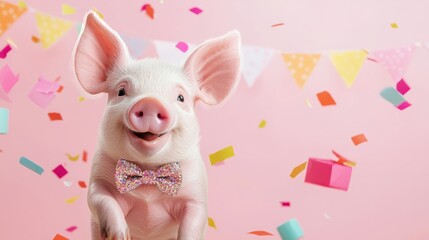A cheerful pig wearing a bowtie celebrates with colorful decorations and confetti against a pink background.