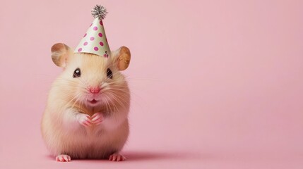A cute hamster wearing a festive party hat, set against a soft pink background, exuding a joyful and playful vibe.