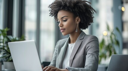 Confident Professional Woman Working on Laptop in Modern Office Environment