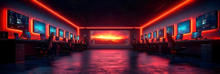 Futuristic e sports arena with neon lights isolated on a dark background providing a large copy space for tournament announcements and event information