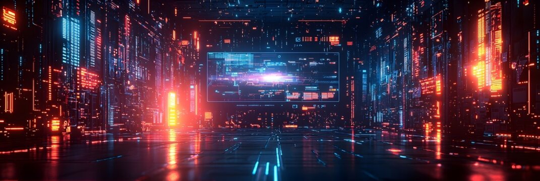 Futuristic esports arena with glowing neon lights dark background and large copy space for tournament announcements and event information  Digital high tech