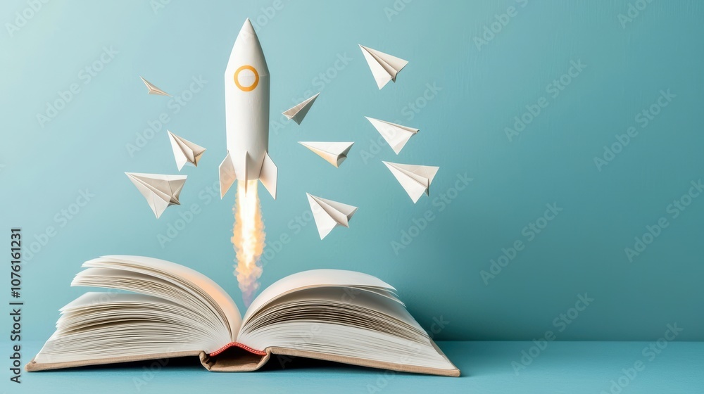 Poster an open book with its pages transforming into paper airplanes soaring towards a rocket launching int