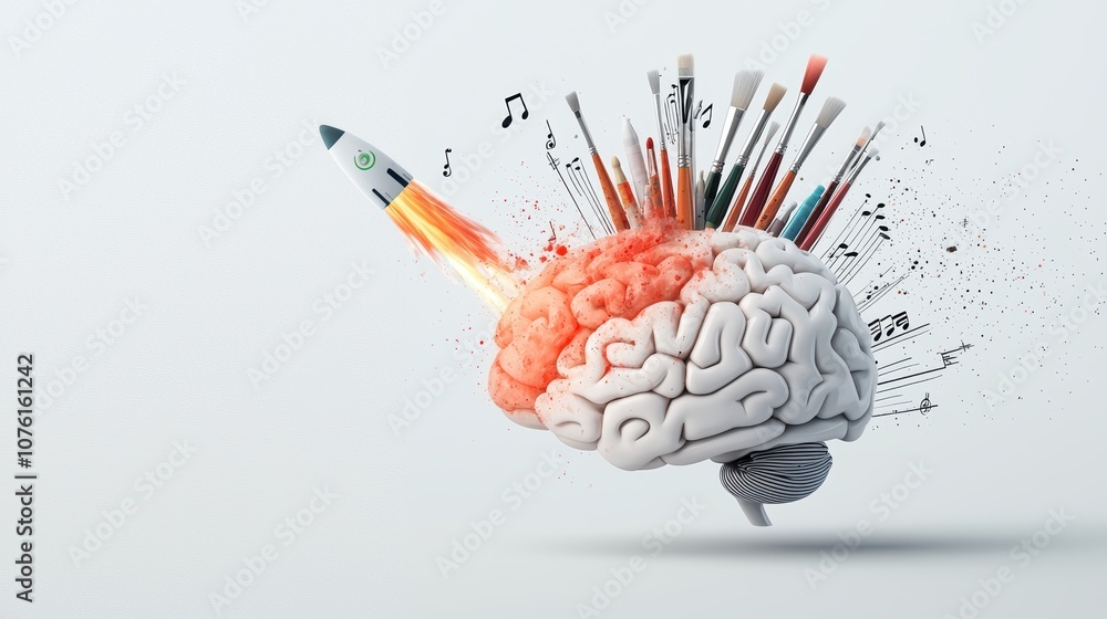 Poster an abstract image of a human brain with circuits and wires intertwined with paintbrushes, musical no