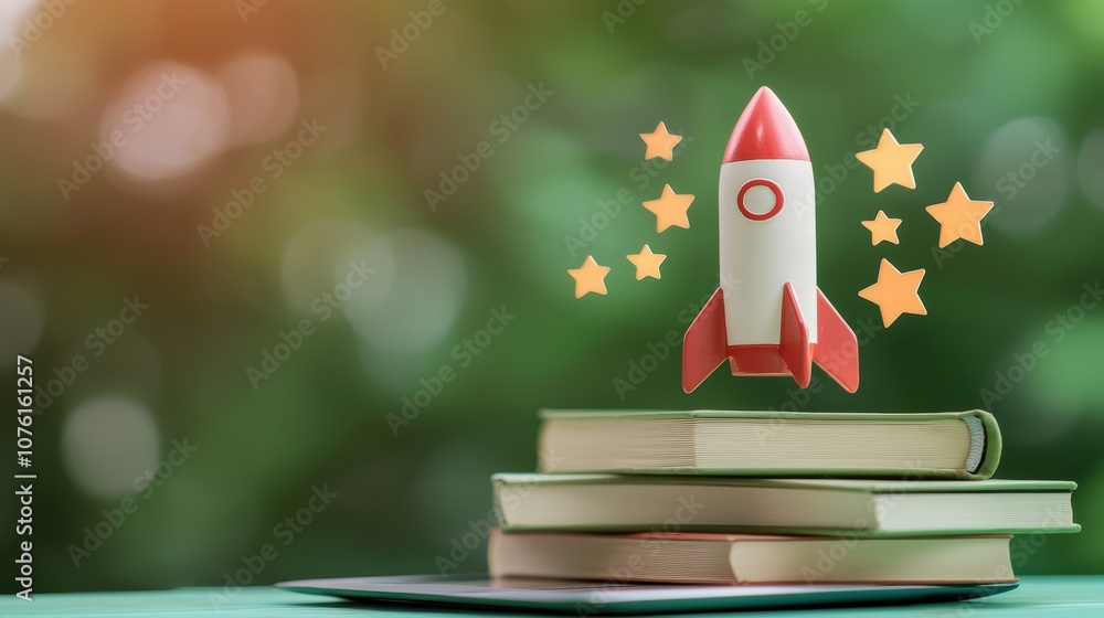Poster a miniature rocket model standing tall on top of a stack of books next to a laptop displaying a succ