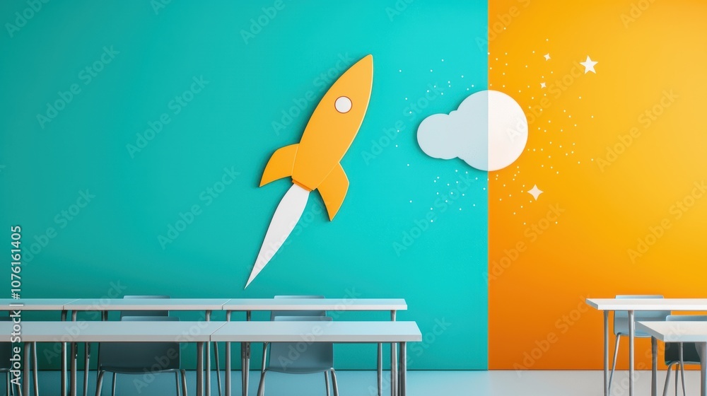 Poster a split screen image showcasing a traditional classroom with empty desks on one side and a vibrant o