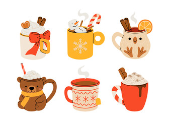 Christmas chocolate and eggnog drinks, winter holiday hot cups, vector icons. Christmas eggnog or milk punch beverages in cups and mugs, hot chocolate drinks for New Year and Xmas greeting card