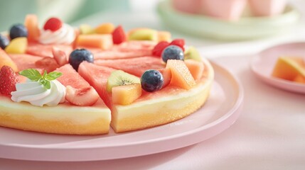 A colorful fruit cake topped with various fresh fruits, whipped cream, and vibrantly arranged on a soft pastel plate.