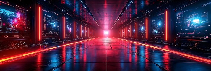 Fototapeta premium Vibrant and dynamic eSports tournament stage set against a dark background featuring large LED screens and ample copy space for event promotions and branding