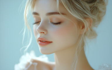 Fototapeta premium beautiful woman with her eyes closed, gently touching and massaging the skin of one cheek against a light grey background. 