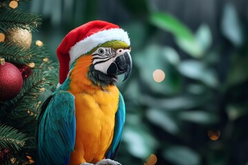 Obraz premium A cute parrot in a red and white Christmas and New Year's hat on a blue background with a Christmas tree and fir branches. A Christmas card with a cute animal. Winter wallpapers. Copy space