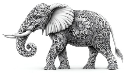 Fototapeta premium Isolated on white background, an artistic tattoo of an elephant with mandala patterns on its head and body, crafted by a professional tattoo artist with a love for wildlife