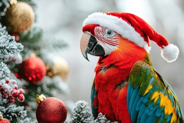 Fototapeta premium A cute parrot in a red and white Christmas and New Year's hat on a white background with a Christmas tree and fir branches. A Christmas card with a cute animal. Winter wallpapers. Copy space