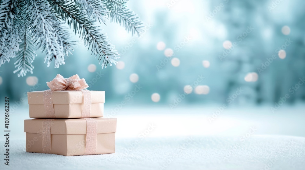 Poster a stack of beautifully wrapped christmas presents adorned with ribbons and bows, placed under a snow