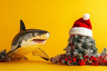 A cute shark in a red and white Christmas and New Year's hat on a yellow background with a Christmas tree and fir branches. A Christmas card with a cute animal. Winter wallpapers. Copy space