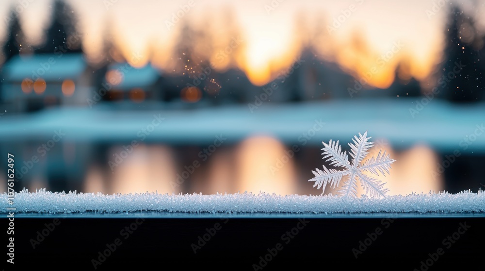 Aufkleber macro shot of ice crystals forming intricate patterns on a windowpane, with a blurred background of 