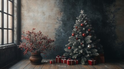 Fototapeta premium Rustic christmas tree decor on weathered wooden background with natural ornaments, pinecones, and festive lights for a cozy, vintage holiday setting