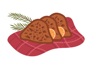 Piece of Stollen . Sweet bread with candied fruit, raisins decorated with orange slices.