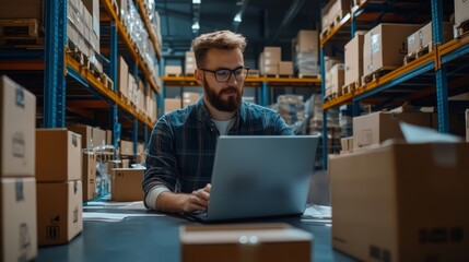 A man with glasses uses a laptop in a warehouse surrounded by cardboard boxes, focused on his work in a busy, organized environment.