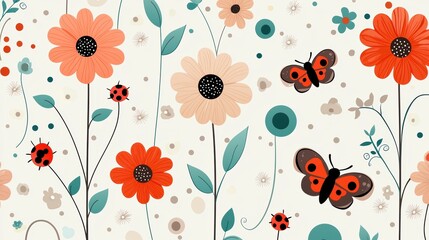 A whimsical and playful floral swirl pattern with cute, cartoonish flowers, butterflies, and ladybugs, swirling amidst polka dots and playful patterns, suitable for children products or lighthearted