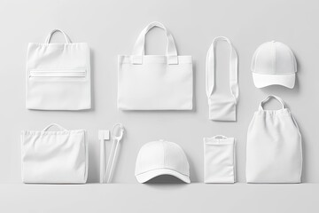 Create high-quality mockups of white children's merchandise items. Include a variety of items such as a tote bag, a baseball cap, generative ai