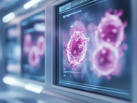 Vividly colored nanobots deliver precise diagnostics, illuminating cellular health insights through interactive displays in ultra-modern medical facilities.