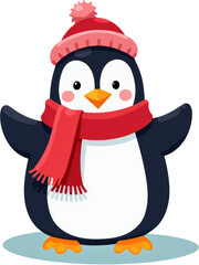 Fototapeta premium Adorable cartoon penguin dressed in a red Santa hat and scarf, smiling warmly. Perfect for winter, holiday themes, and festive decorations. Ideal for Christmas cards and seasonal designs.