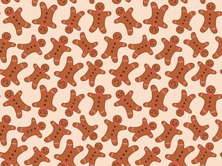 Seamless pattern with gingerbread men. Vector illustration of traditional cute gingerbread cookies.