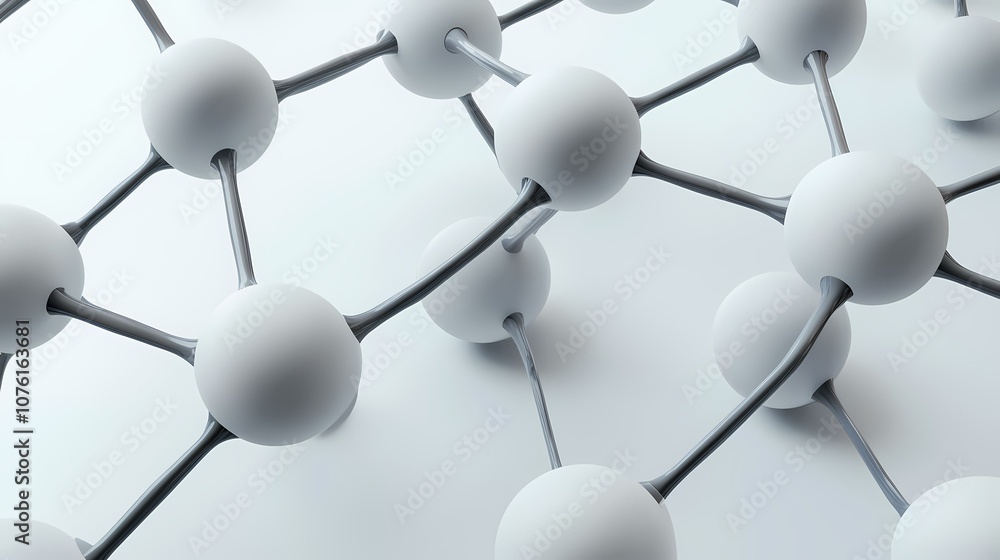 Poster the image contains a 3d model of a molecule, featuring a white sphere connected to other spheres by 