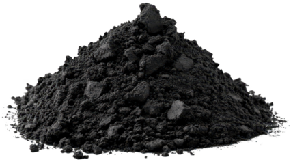 Black coal stone, isolated on white background, resembles a piece of volcanic rock 