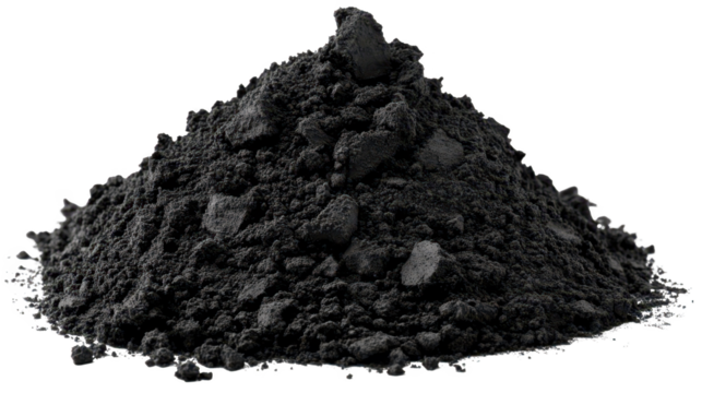 Black coal stone, isolated on white background, resembles a piece of volcanic rock 