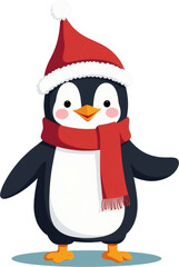 Fototapeta premium Adorable cartoon penguin dressed in a red Santa hat and scarf, smiling warmly. Perfect for winter, holiday themes, and festive decorations. Ideal for Christmas cards and seasonal designs.