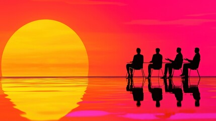 Fototapeta premium A woman ceo engages her team in innovative business strategy discussions amid stunning sunset