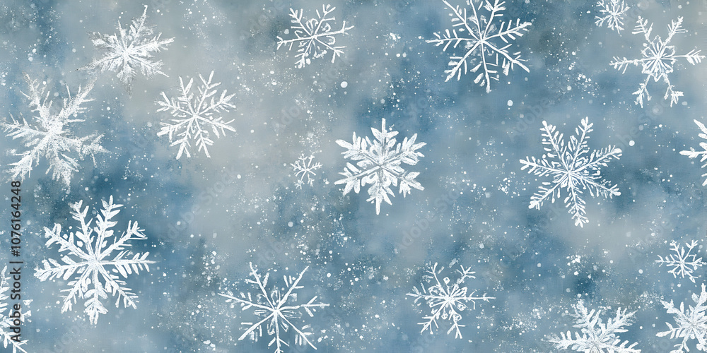 Poster winter wonderland: a delicate snowfall of intricate snowflakes dances gracefully on a serene blue ca