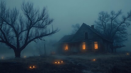 Explore the haunting atmosphere of an abandoned house illuminated by flickering candles in a foggy landscape
