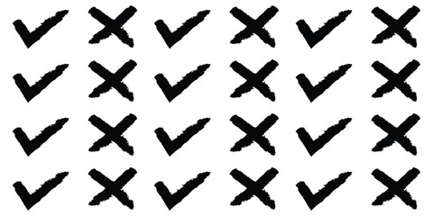 Check marks doodle set. Checkbox, checklist, tick and cross signs, v and x in sketch style. Hand drawn vector illustration isolated on white background