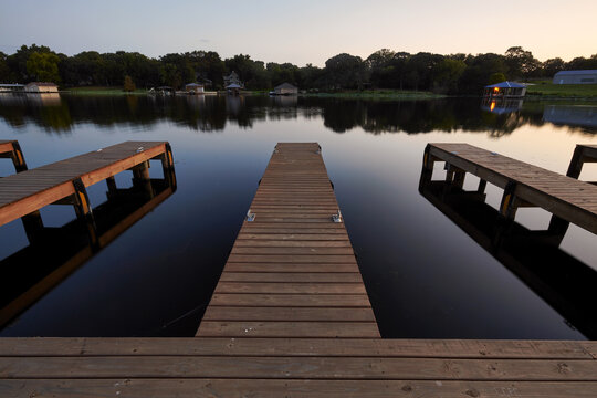 Empty boat docks on a lake