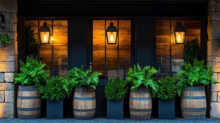 Fototapeta premium Charming Rustic Storefront with Wooden Barrels and Lanterns Surrounded by Lush Greenery, Perfect for Capturing the Essence of Warmth and Welcoming Atmosphere