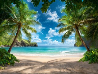 Fototapeta premium A Serene Secluded Sandy Beach Framed by Lush Green Palm Trees Under a Bright Blue Sky with Fluffy Clouds and Tranquil Turquoise Waters