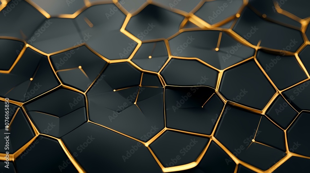 Poster the image is an abstract geometric pattern of black polygons outlined in gold.