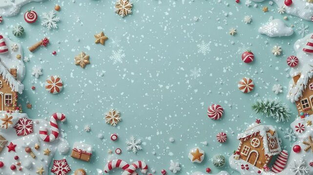 4K Animated Snowfall Loop, Christmas Backdrop, Winter Background, Charming 3D Pattern with Gingerbread Houses, Candy, and Scenes for Sweet Holiday Creations
