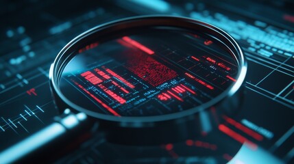 A magnifying glass focuses on digital data displayed in vibrant red and blue, highlighting intricate patterns and information analysis.