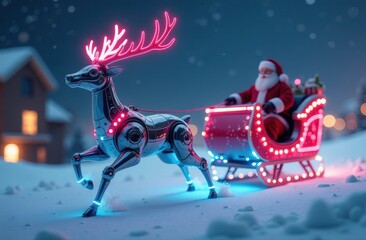 A modernized robotic reindeer pulling Santa's sleigh. The reindeer has a metal body with neon lights instead of traditional antlers, and the sleigh is filled with twinkling lights and digital screens.