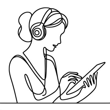 recommend clip art: Minimalist line art: woman listening to music with tablet
