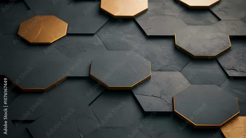 Poster a close-up of a geometric pattern with black hexagonal shapes outlined in gold. the surface of the s