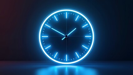 A futuristic digital clock light effect. A glowing silhouette of a clock representing time. Background laser blue neon clock vector illustration