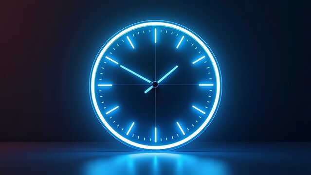 A futuristic digital clock light effect. A glowing silhouette of a clock representing time. Background laser blue neon clock vector illustration