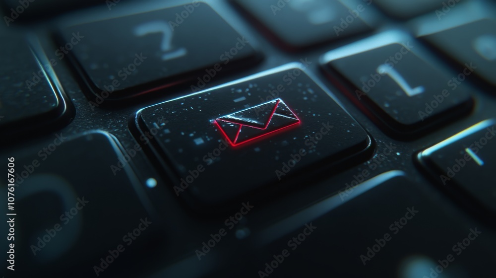 Poster a close-up view of a keyboard key featuring an envelope icon, symbolizing email communication and di