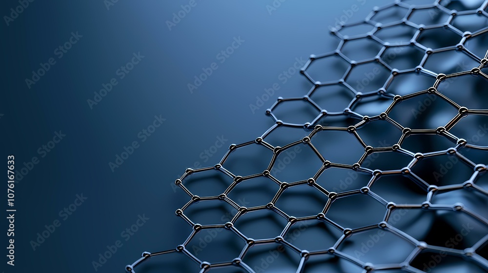 Poster the image is a 3d rendering of a metallic honeycomb structure. the individual hexagonal cells are co