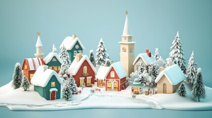 Vintage-style christmas village with snow in a charming winter landscape featuring quaint houses, pine trees, and cozy illuminated windows for a nostalgic holiday atmosphere perfect for festive cards 