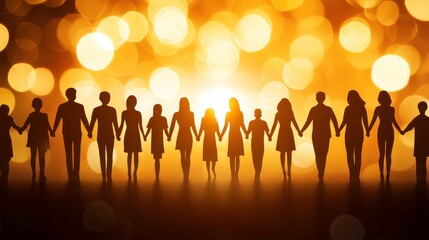 Fototapeta premium Silhouettes of people holding hands against a bright background.
